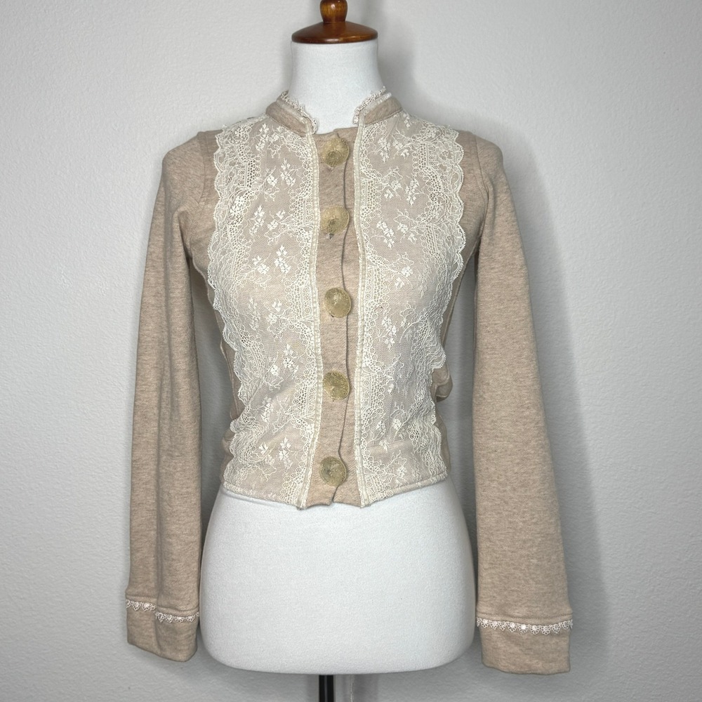 KNITTED DOVE French Terry Cardigan Lace Trimmed XS/SM Oatmeal‎ Cottage Core
